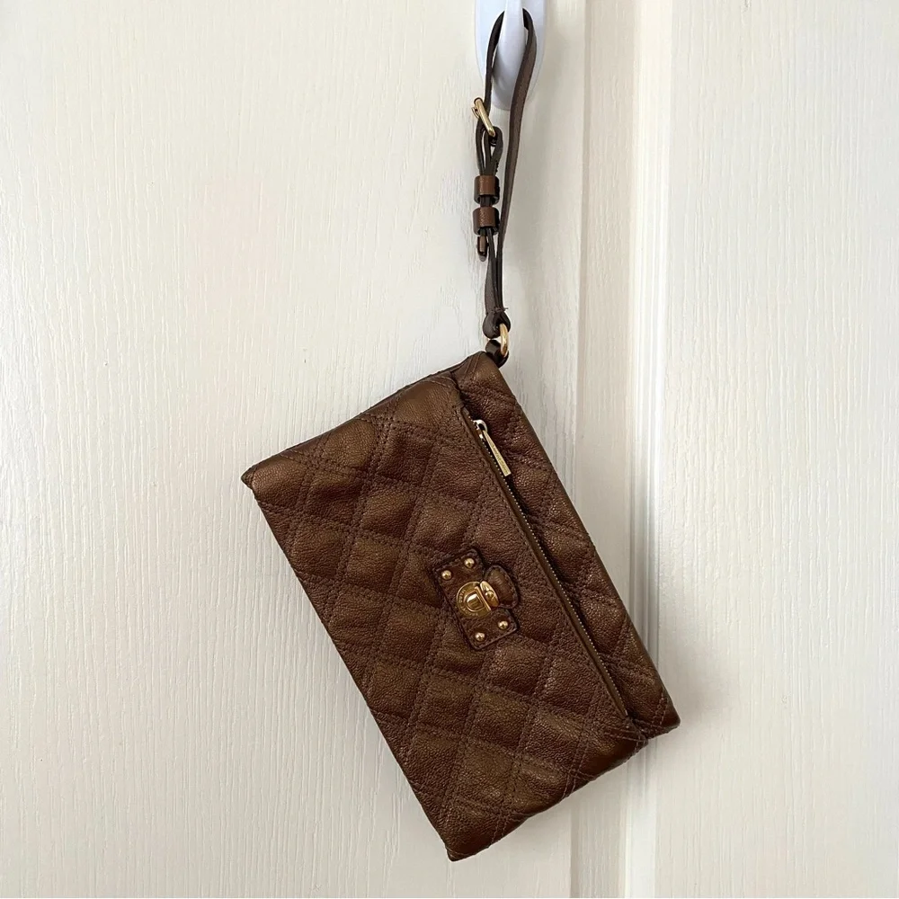 Marc Jacobs Made in Italy Brown Metallic Quilted Leather Wristlet Clutch Pouch